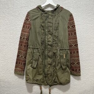 Khujo Mixed Media Tapestry Hooded Parka Jacket Army Green Embroidered Sleeves